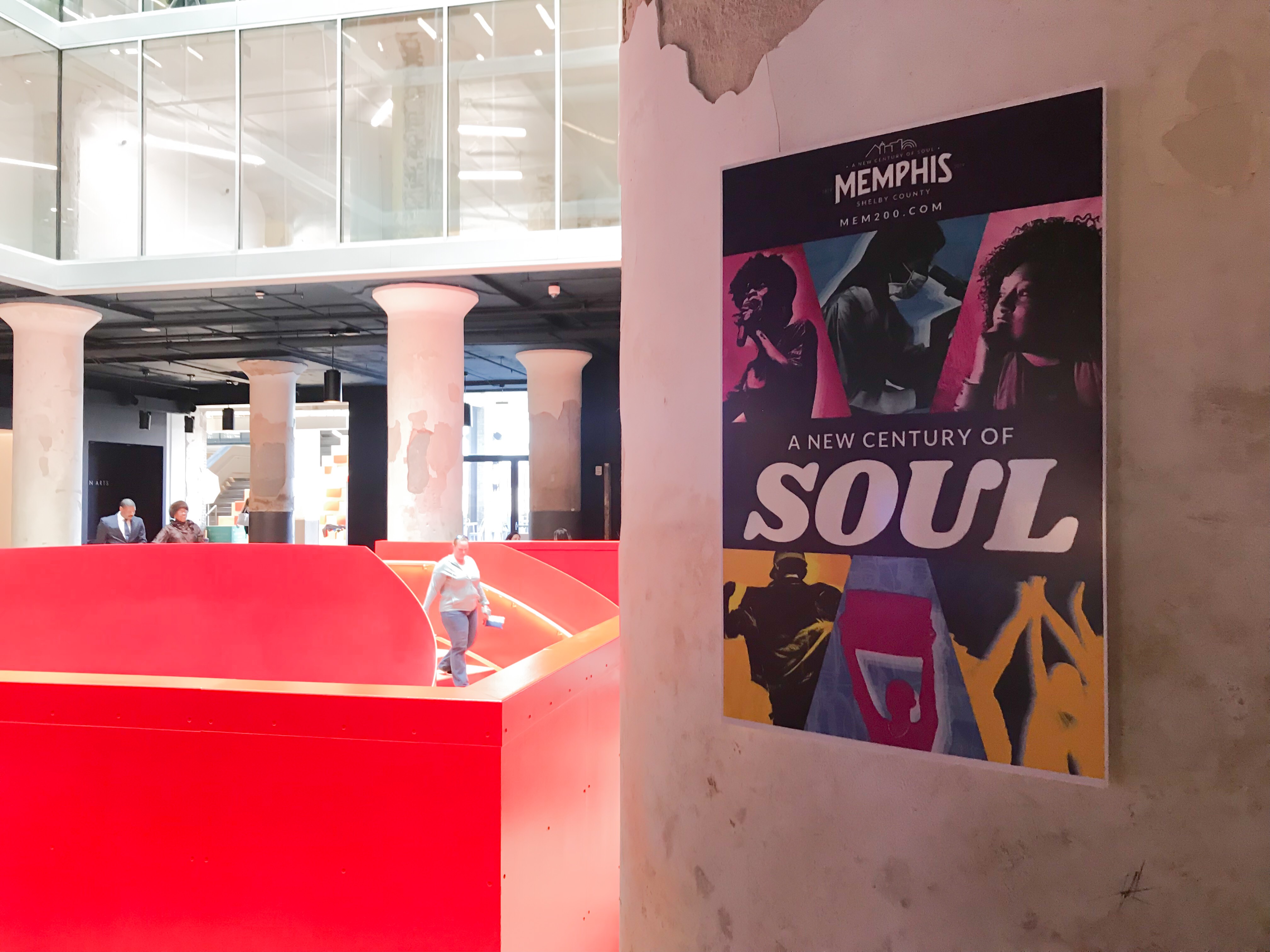 A poster announcing the New Century of Soul bicentennial celebrations hangs on a pillar in the Crosstown Concourse. (Cole Bradley)