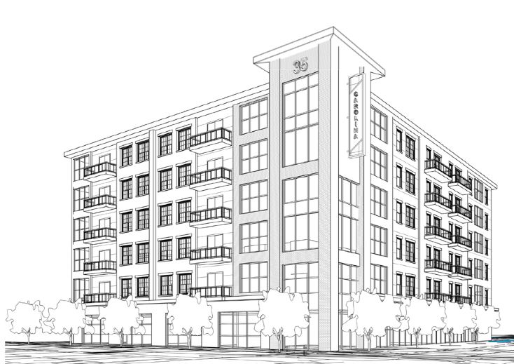 An early rendering for the prject features podium-style construction, with residential over retail space.