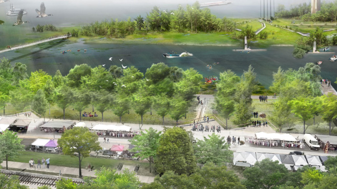 The riverfront will be activated by a variety of new uses like pavillions and street-level retail.