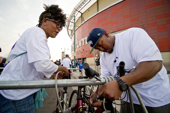 Riders lock up their bikes at the FedEx forum