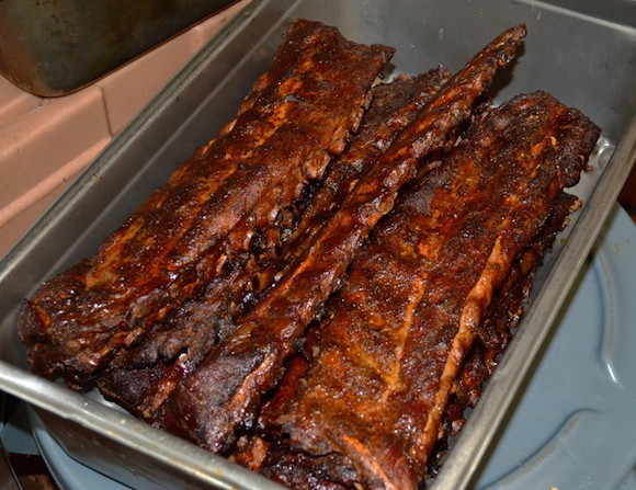 A stack of ribs fresh out of the pit at Central BBQ on Central.