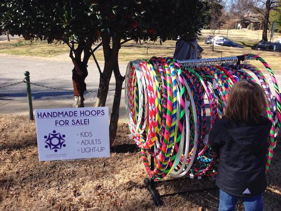 Handmade and designed hoops for sale outside of Co-Motion Studio