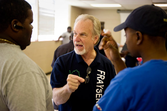 Frayser CDC Executive Director Steve Lockwood (center) talks with local residents Gilbert Wright (left) and Morriston Edmonds after a Frayser Neighborhood Council meeting at the Ed Rice Community Center in Frayser