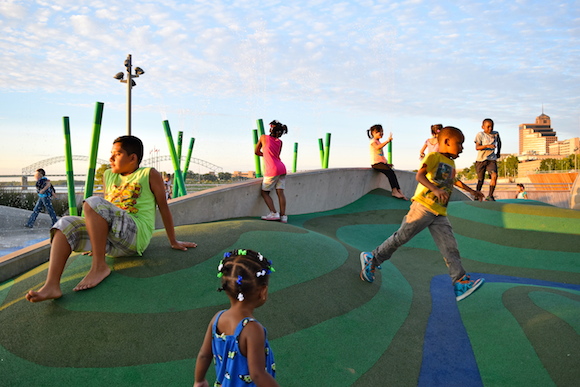 A riverfront playground was added as part of the area's major revitalization.