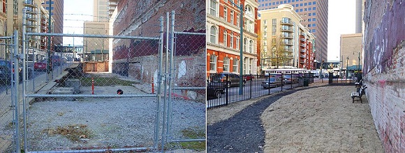 The hole that was left after a building collapsed from a fire is now a dog park on the corner of Main Street and Jefferson