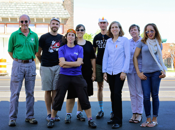  Members from The Chainlink, an online bike community from Chicago, visit with the Innovation Team and others. Bob Rogers (left), Anthony Siracusa, Ronit Bezalel, Yasmeen Schuller, Cort Percer, Suzanne Carlson, Megan Higgins and Kerri Campbell