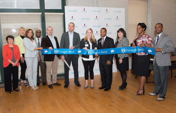 ProudOnTV celebrates its ribboncutting ceremony at the Emerge Memphis building on April 22 with members of the Greater Memphis Chamber and St. Jude Children's Research Hospital.