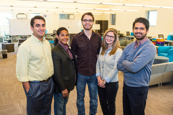 The FedEx Institute of Technology Entrepreneurship Fellows include (from left) Kevan Hatamzadeh, Steven Whitney, Cole Roe, Kait Redick and Sankaet Pathak. Not pictured is Morgan Steffy.