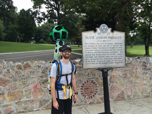CVB intern Stephen Ferguson uses the Google Trekker backpack at Graceland