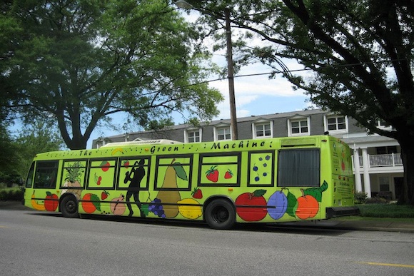 Once a reguar MATA bus, the Green Machine is a mobile produce market.