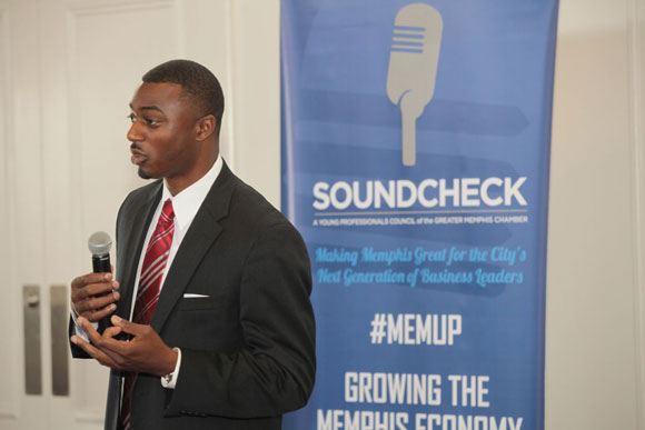 SoundCheck's Trey Carter, chair of the Growing Memphis Economy Team, speaks at the SoundCheck launch