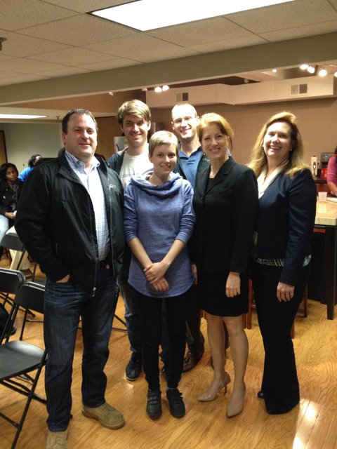 (from left to right) James Bell, Ryan Cooke, Virag Reti (2014 Upstart accelerator graduate - Cabsolutely), Rob Currey, Jennifer Krouse (1st place winner - Krouse & Company), and Linda Safford