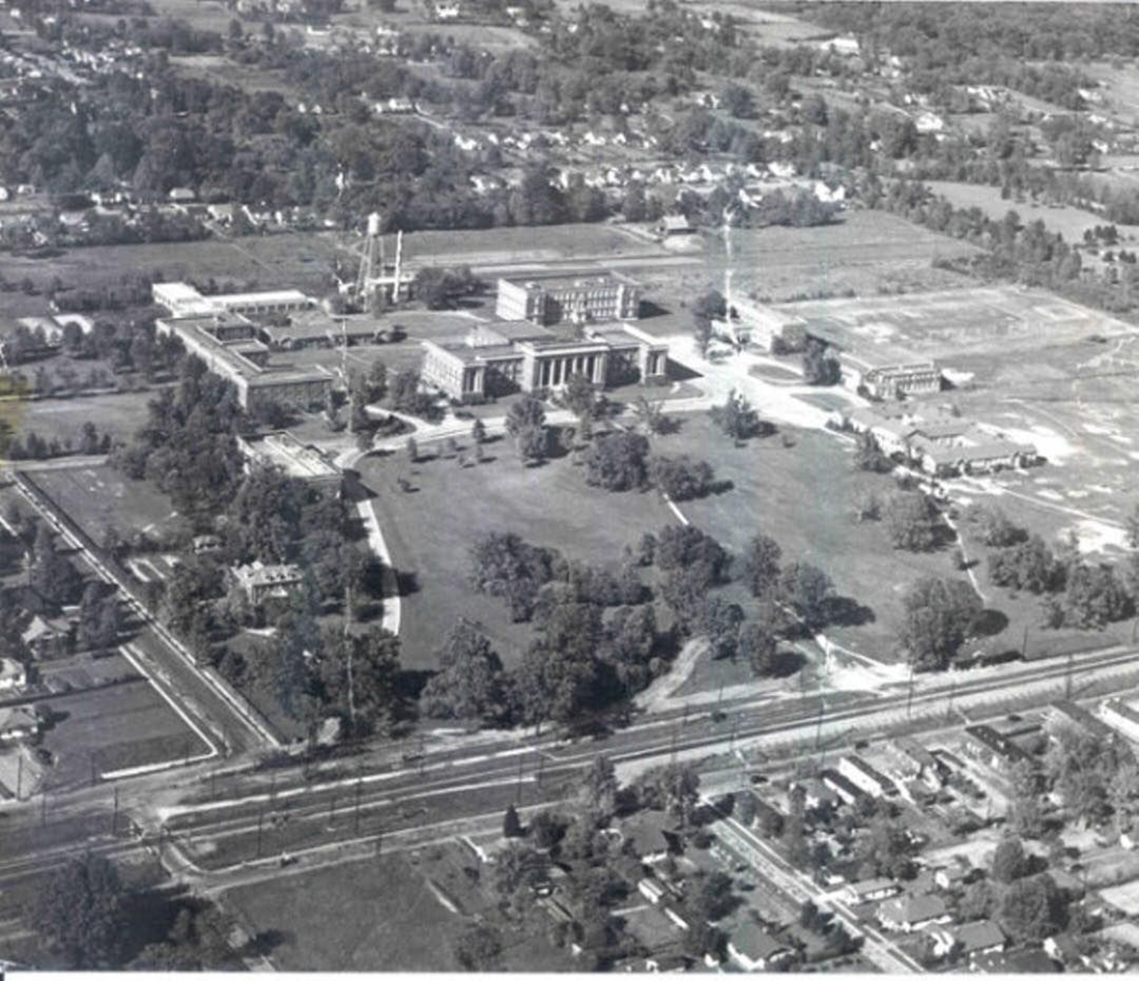 Aerial View 1940: An aerial view of what was then West Tennessee State Teachers College. You can just make out Normal Depot in the lower right of the picture. (Memphis Public Libraries)