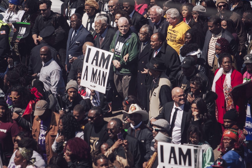 Rev. James Lawson, AFSCME president Lee Saunders, Rev. Al Sharpton and Rev. Dr. Martin Luther King III. (Andrea Morales/MLK50)