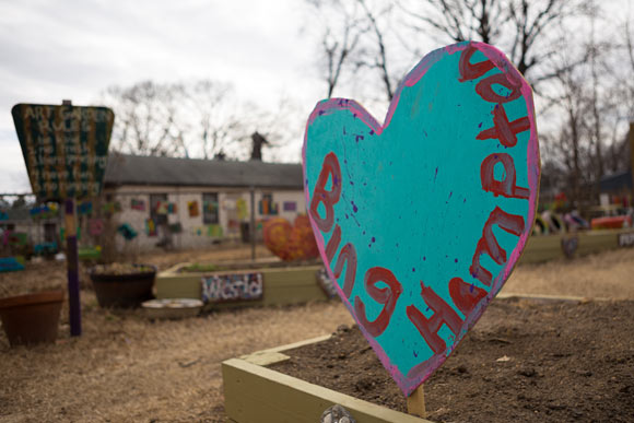 A painted heart at the Carpenter Art Garden shows Binghampton’s community pride. Residents have worked in recent years to improve the area to reduce blight and increase  programs, activity and amenities like the art garden to the neighborhood. (High 