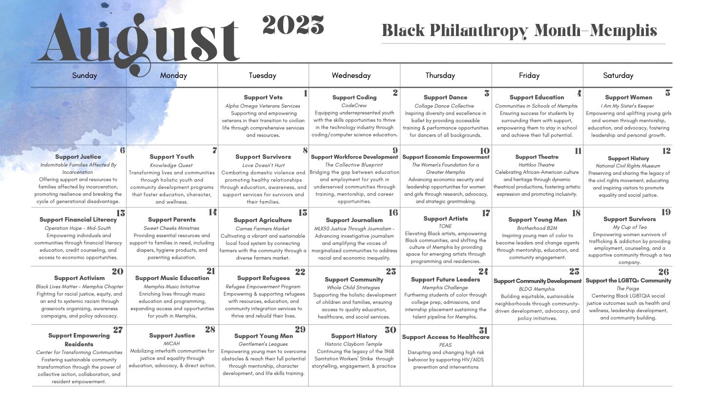 A calendar put together by Rachel Knox, Senior Program Officer for Thriving Arts and Culture at the Hyde Foundation.