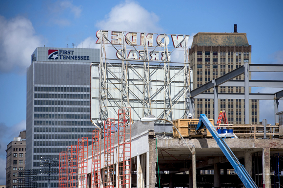 Construction takes place at the former Wonder Bread factory at 400 Monroe Avenue. (Brandon Dill)