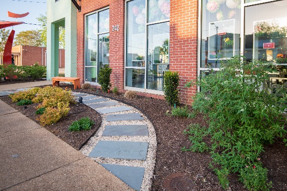 eScape greenery compliments an optical-themed mural outside Eclectic Eye in Midtown Memphis. (Chip Chockley)