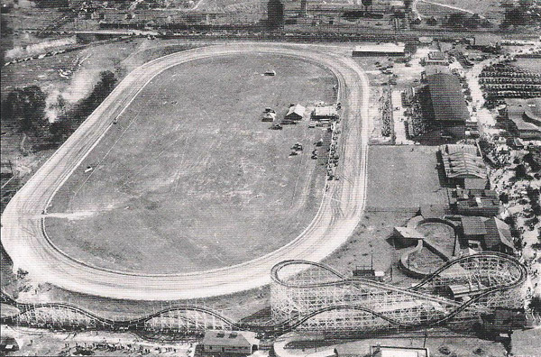 A 1930 aerial photograph shows the Montgomery Park track, the grand stand, casino and Zippin Pippin rollercoaster.