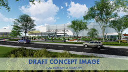 A draft concept image from the City's updated Fairgrounds plan, featuring a youth sports complex. Youth sports is a lucrative, growing tourism sector. Mayor Strickland said the proposal is unique in that it focuses on indoor sports, as the city alrea