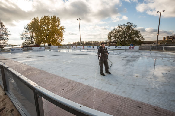 A Mississippi River-fronting ice rink is prepped for its winter debut.