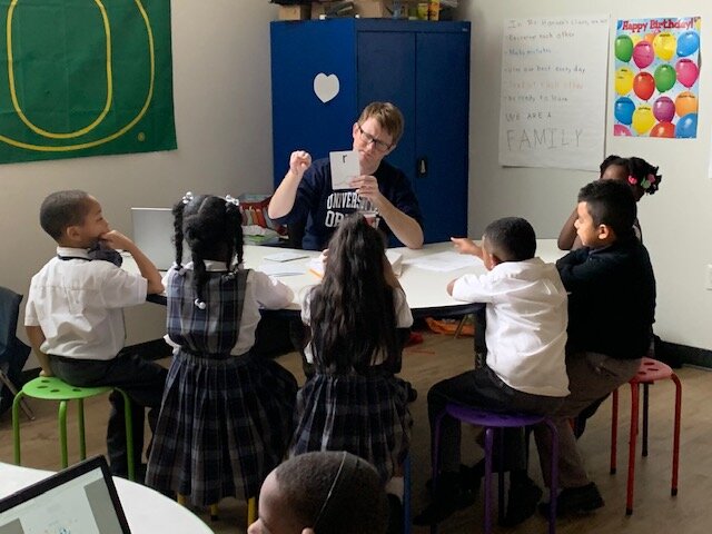 Teacher Brian Hanson teaching ALLMemphis' custom phonics curriculum to a group of students at Power Center Academy Elementary School - Hickory Hill. (ALLMemphis)