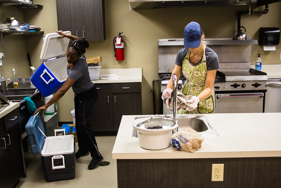 Kristina Fox-Trautman and Charlena Branch cook in the Kaleidoscope Kitchen.