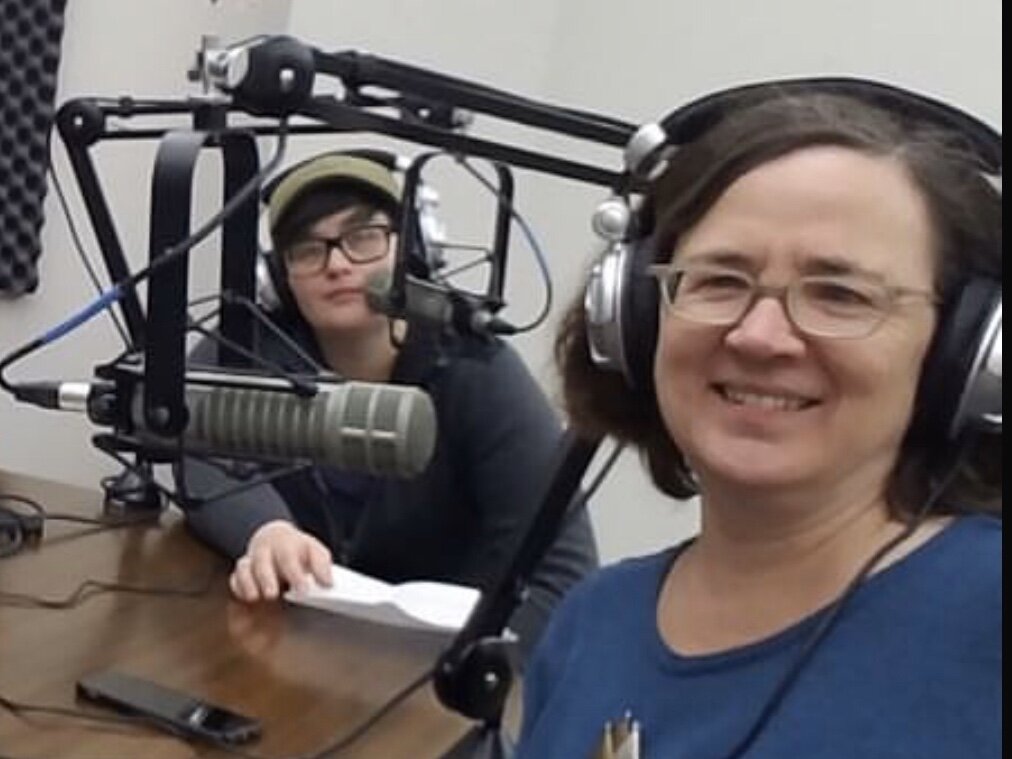 L to R: High Ground's Cole Bradley and Emily Trenholm recording the On the Ground podcast. (Natalie Van Gundy)