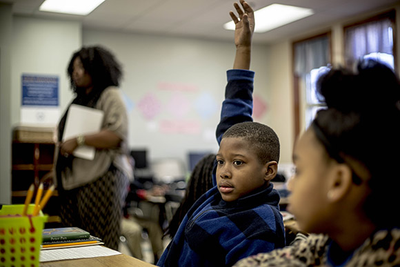 Students in Monica Shaw's third grade class work on a lesson about Peter Pan at the Memphis Scholars Caldwell-Guthrie School in Smokey City. (Andrea Morales)