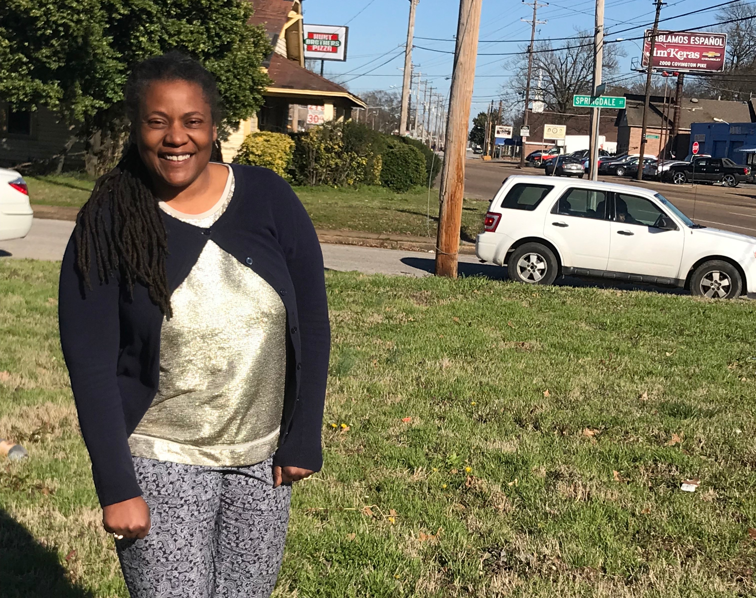 Mia Madison is launching the Chelsea Avenue Farmer's Market on April 20, 2019. She hopes the vacant lot where she is standing, at the intersection of Chelsea Avenue and Springdale Street, will be revived with at least 20 vendors. (Dawn Neuses) 