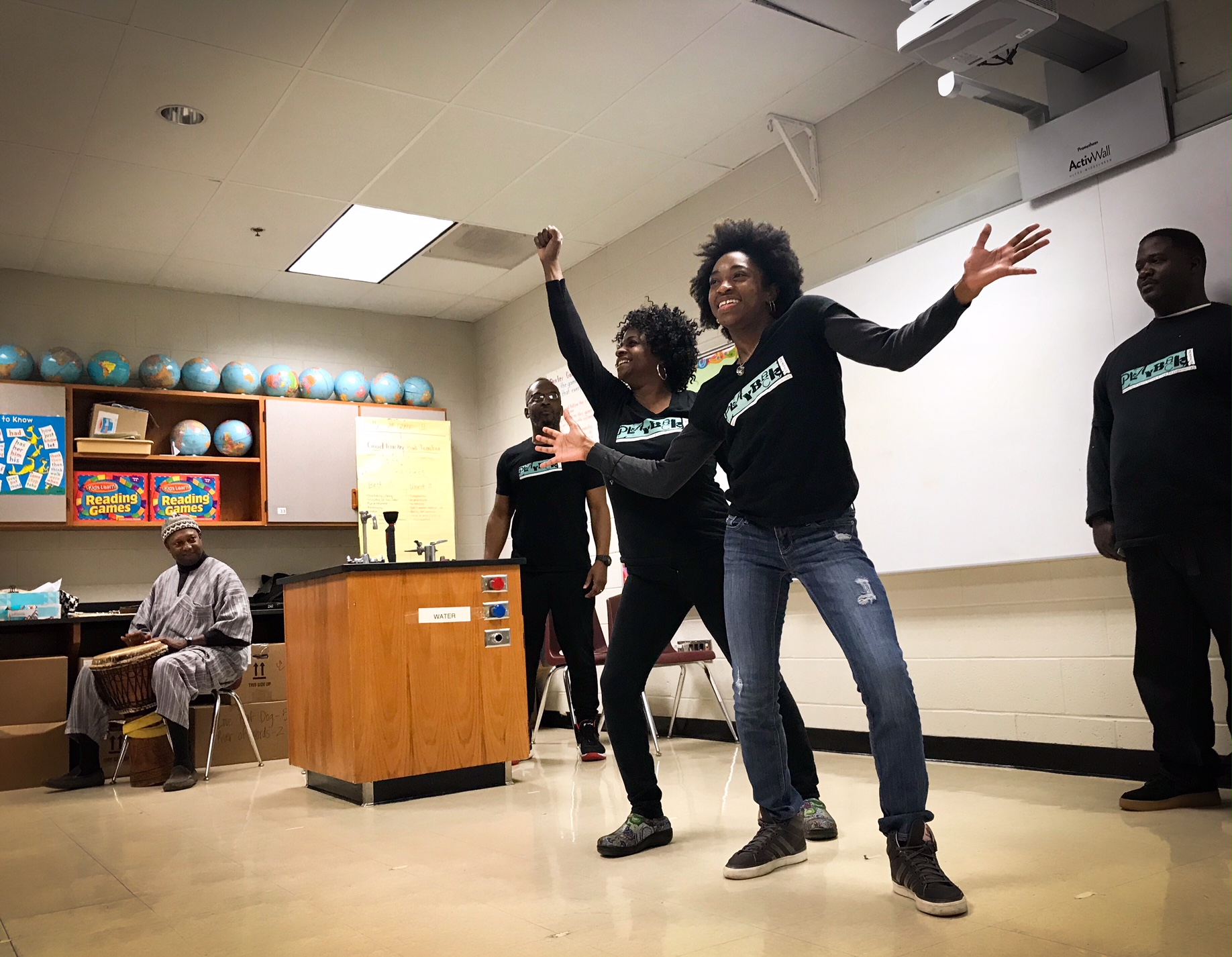 Playback Memphis ensemble members act out a student’s day at Dexter Elementary. (Cole Bradley)