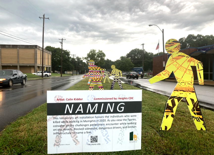 Silhouettes line the National Street median. Each one represents a pedestrian who was killed by a vehicle strike in Shelby County in 2020. The installation will be displayed through the month of July. (Submitted)