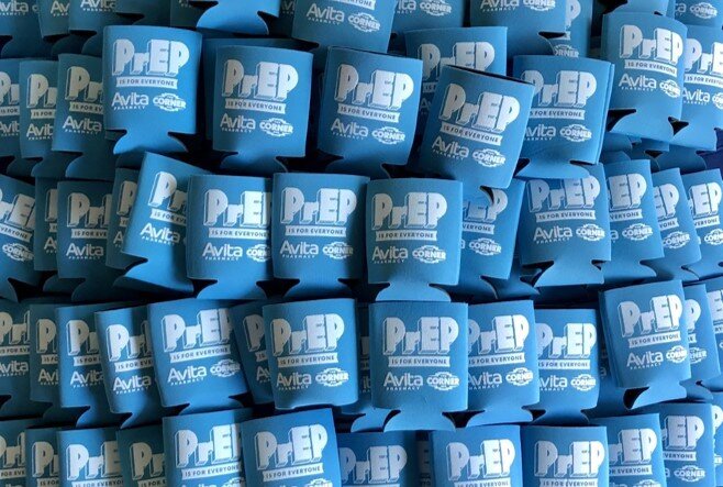 Koozies promoting the use of PrEP and The Corner are an example of the type of branded merchandise Friends for Life intends to sell in The Corner's retail area. (Friends for Life)