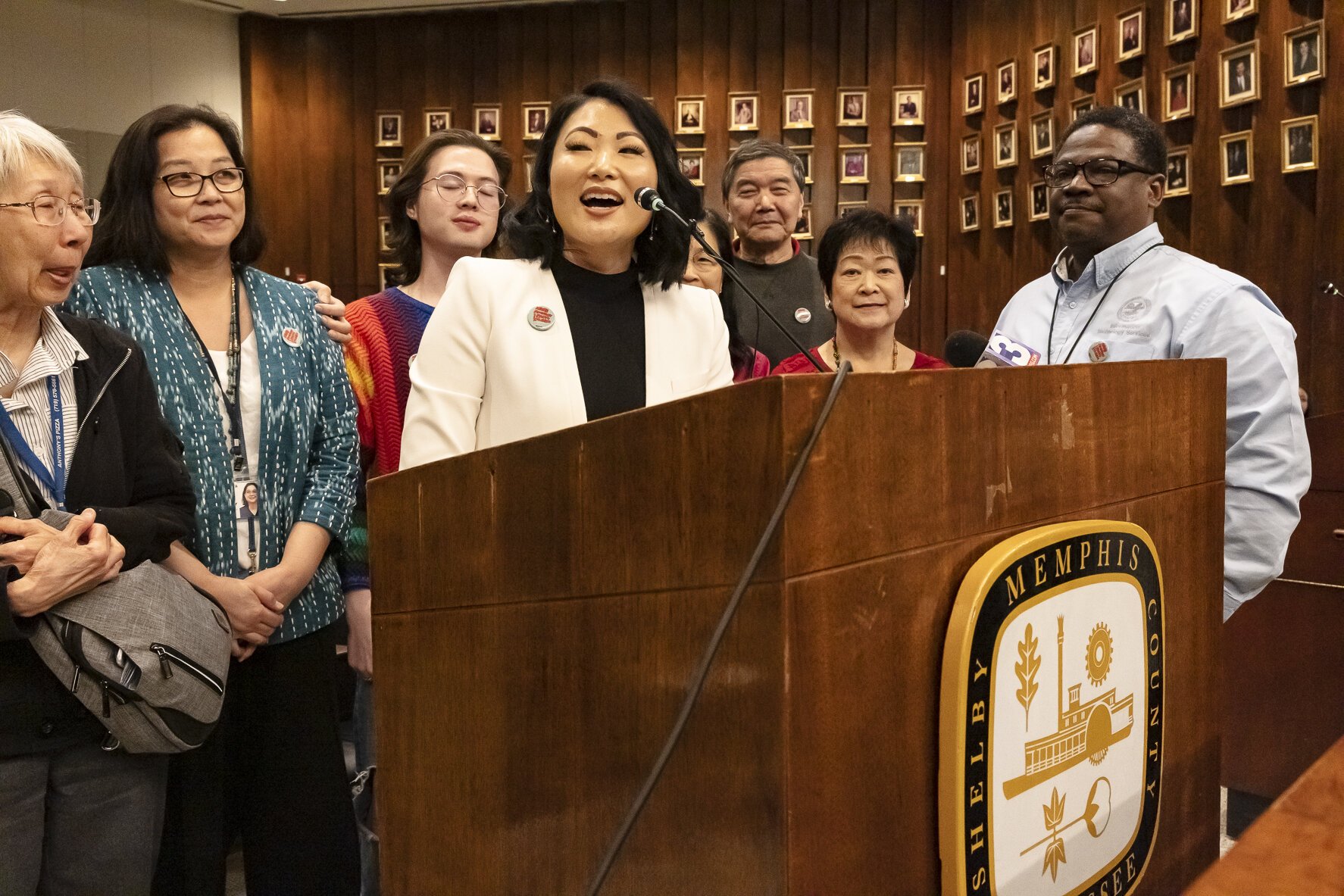 Dr. SunAh Laybourn, organizer of AAPI Heritage Month Memphis, celebrates Memphis City Council's Proclamation acknowledging AAPI Heritage Month on Tuesday, May 2, at City Hall.