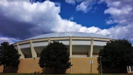 The Mid-South Coliseum seen from the Fairground's south side. Under the City-backed Fairgrounds redevelopment project, the vacant Coliseum could become an amateur sports venue, providing space for championship games and opening and closing tournament