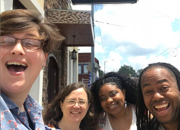 A selfie marks High Ground's first team lunch with its newest member, On the Ground Lead Writer A.J. Dugger. L to R: Cole Bradley (managing editor), Emily Trenholm (engagement manager/publisher), Deshae Dugger (wife of A.J. Dugger) and A.J. Dugger. 