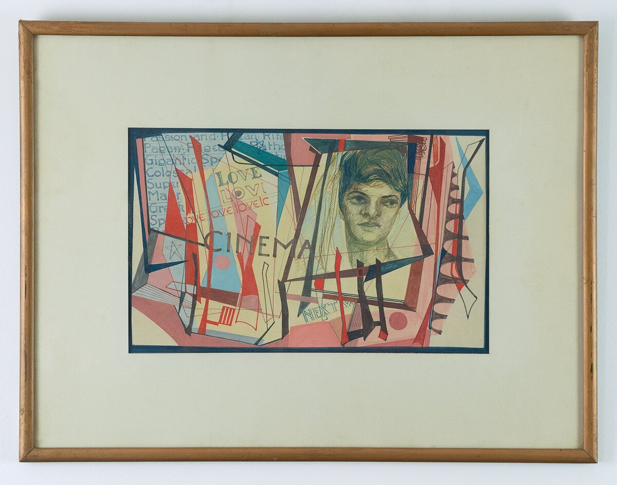 "Abstraction with Woman’s Head or Cinema," Walter Simon. (Walter Augustus Simon, Abstraction with Woman’s Head or Cinema, 1958; Casein on board, 9 x 14 ½ inches; Private collection)