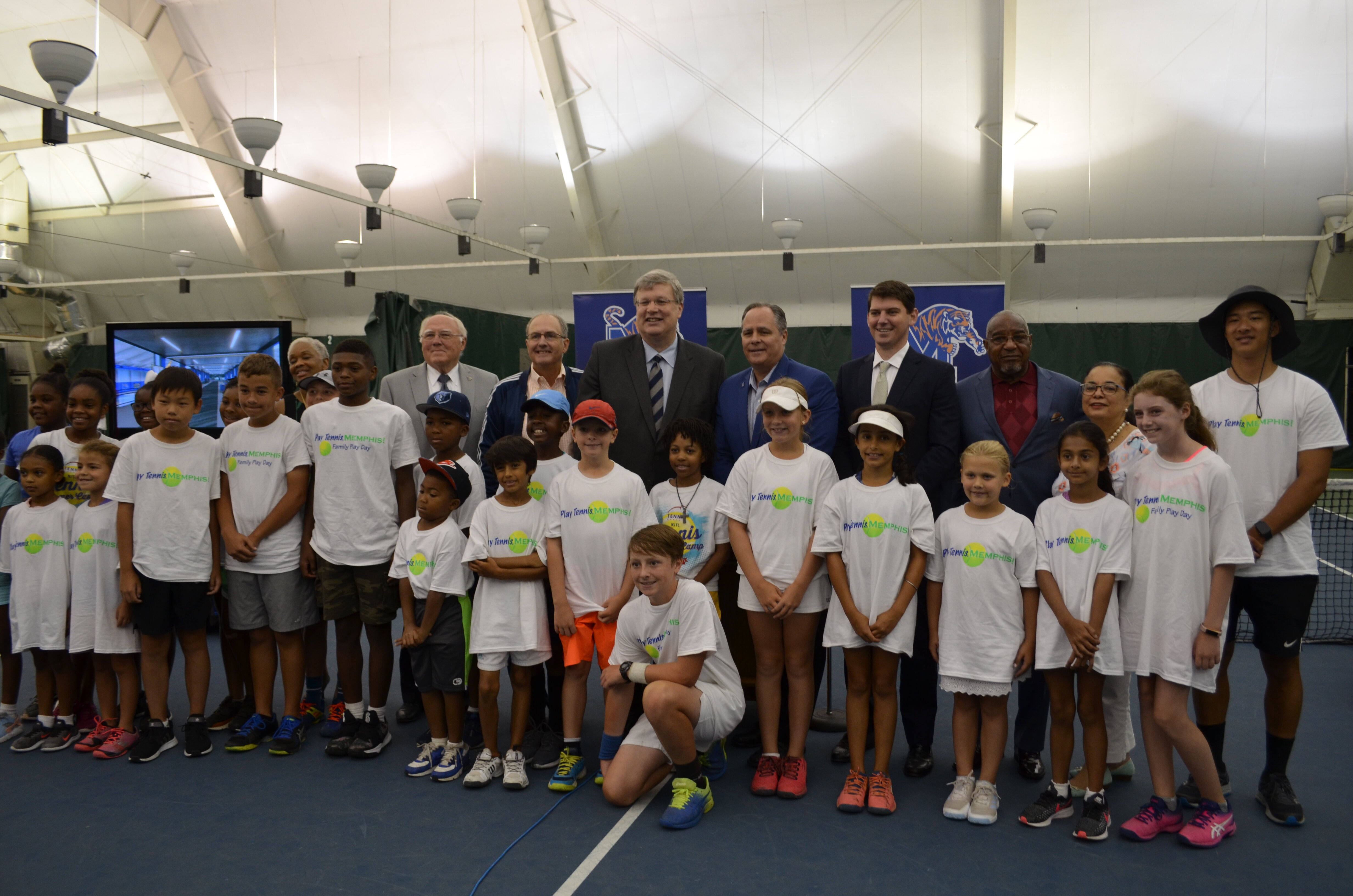 Leftwich tennis center renovation announcement press conference on Aug. 5, 2019. Back row from L to R: Former interim U of M athletic director Allie Prescott, Tennis Memphis Executive Director Stephen Lang, Memphis Mayor Jim Strickland, U of M Presid